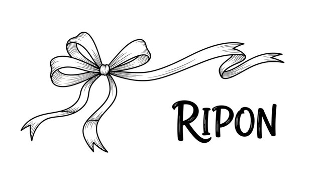 Hand-drawn bow ribbon with the word Ripon, black and white illustration, vintage style