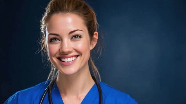 Smiling Nurse: A close-up portrait of a nurse with a bright, welcoming smile, wearing scrubs and a stethoscope, conveying warmth and compassion.