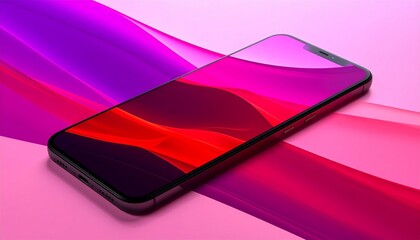 Sleek modern smartphone with thin bezel, vibrant abstract red and purple wave display, dramatic gradient lighting, stylish design showcasing contemporary mobile technology and digital aesthetics.