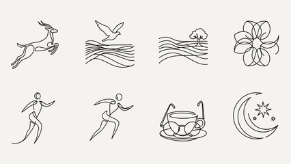 Obraz premium Minimalist Line Art Icons: Nature, Sports, Lifestyle, and Celestial Elements