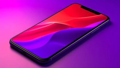 Sleek modern smartphone with thin bezel, vibrant abstract red and purple wave display, dramatic gradient lighting, stylish design showcasing contemporary mobile technology and digital aesthetics.