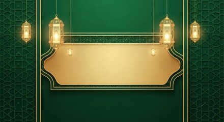 Elegant green and gold room with intricate wall design and hanging lanterns