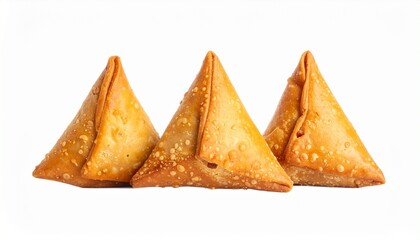 Three golden-brown triangular samosas arranged in a row on clean white background, crispy fried pastry shells showcasing savory filling, cultural cuisine, and traditional South Asian food delight.