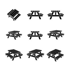 Picnic Table Set Icons: Various Angles and Styles