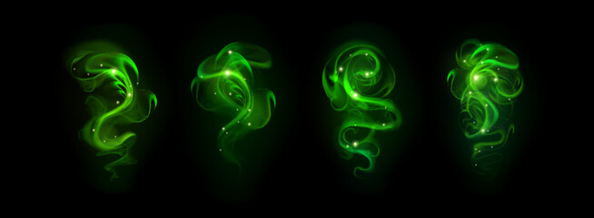 Fototapeta premium Magic green light swirls set isolated on black background. Vector realistic illustration of magician spell effect with glowing neon dust trail and shimmering particles, abstract sorcery flame waves