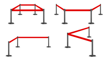 Belt barrier with red rope on black poles isolated on white background. Vector realistic illustration of ribbon queue line divider for security control at airport, night club, museum, theater © klyaksun