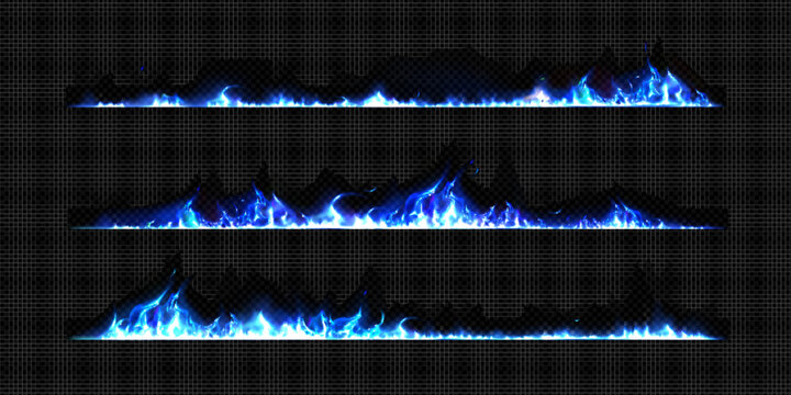 Burning edge set with blue fire and smoke isolated on transparent background. Vector realistic illustration of burnt border lines with cold magical flames, smoldering mystical hell fire design element