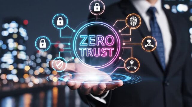 Zero trust cybersecurity concept displayed with glowing digital network icons representing security and access control protection for business data