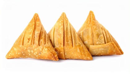 Three golden-brown triangular samosas arranged in a row on clean white background, crispy fried pastry shells showcasing savory filling, cultural cuisine, and traditional South Asian food delight.