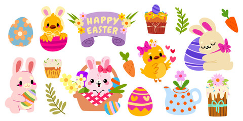 Fototapeta premium Easter bunny, chick and colored eggs cartoon elements, bouquet in basket, spring flower in watering can or teapot, Happy Easter banner. Cute vector illustrations, funny baby animals for festive design