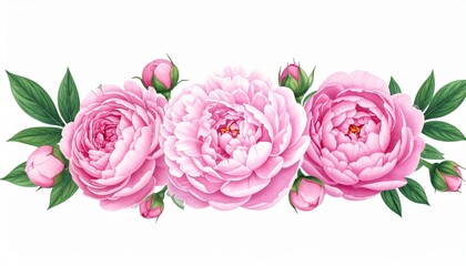 Row of lush pink peonies with layered petals, green leaves, and buds arranged horizontally on clean white background, showcasing natural beauty, floral elegance, and vibrant botanical design.