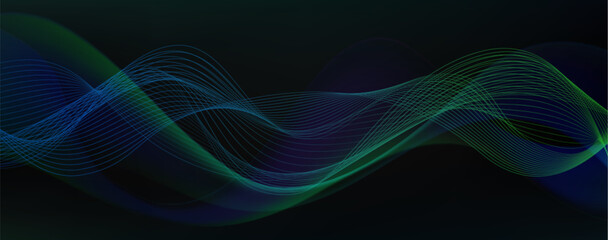 Dynamic green waves flow with neon glowing light on dark background. Abstract vector illustration of line trails and futuristic tech energy effect, speed motion of wavy and spiral mesh © klyaksun