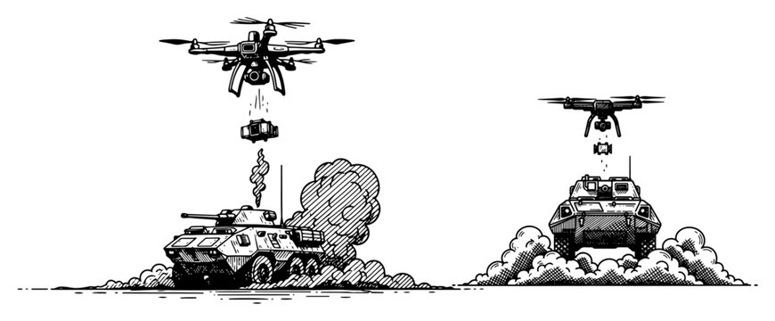 Combat drones dropping bombs on armored military vehicles in black and white engraving style