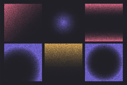 Grainy gradient texture square frames with vintage noise or spray effect and abstract dust patterns on black background. Vector illustration, color grunge borders for retro design