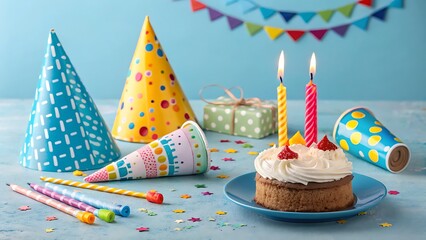 Colorful birthday party setup with a small cake and party hats