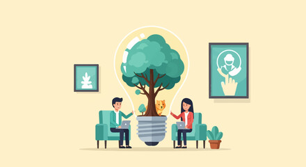 Two people brainstorm around a giant lightbulb with a tree and animal