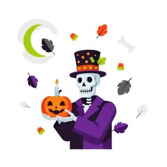 Fototapeta premium St. Skeletor's Day vector illustration of skeleton with pumpkin and candle