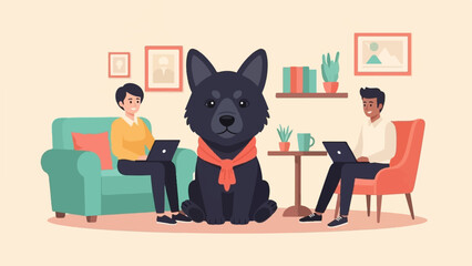 Naklejka na ściany i meble Two people and a dog working on laptops in a cozy living room setting (1)