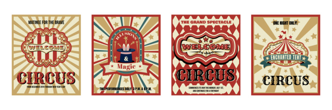 Retro circus carnival cards set, poster design with classic striped tent. Vintage vector illustration, fair striped background, ornamental borders for festive flyer layouts and event promotions