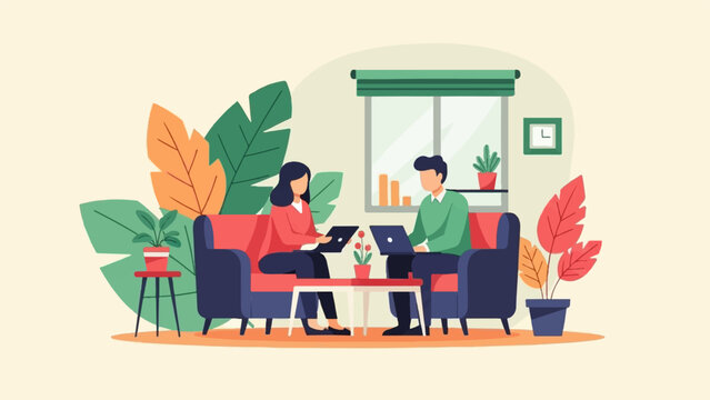 Two people collaborate on laptops in a cozy, plant-filled room