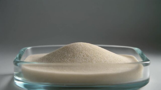 A small pile of light brown powder in a clear glass dish