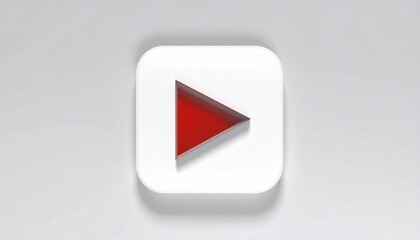 Three-dimensional red play button icon raised on white rounded square background, symbolizing video playback, tactile design, modern media interface, and recognizable digital platform aesthetic.