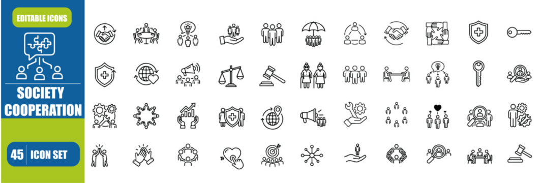 Society Cooperation Line Icon Set &ndash; Global Community, Unity & Collaboration Editable Stroke Vector Illustration
