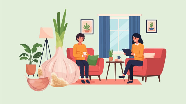 Two people converse in a living room with a giant garlic bulb and plants