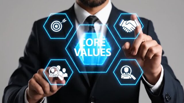 Business professional interacting with glowing hexagonal interface displaying core values like goals teamwork integrity and people search for corporate strategy and company mission.