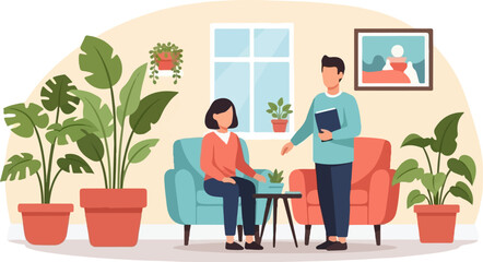 Fototapeta premium Two people in a living room with plants and artwork