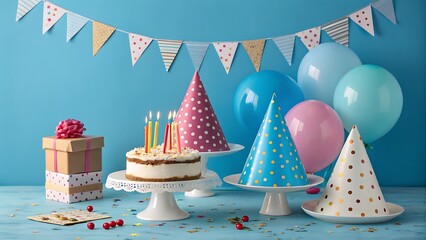 Colorful birthday celebration setup with cake, balloons, and party hats.