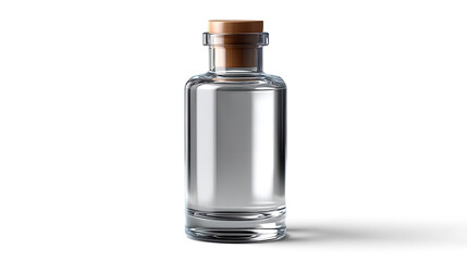 Fototapeta premium Elegant Essence: A transparent glass bottle with a cork stopper, presented against a clean backdrop, capturing the essence of purity and minimalist design.