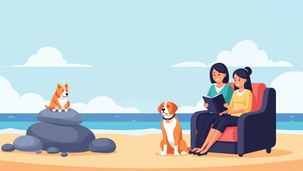 Two people and two dogs relax on a beach near the ocean