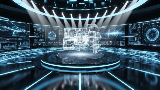 A futuristic control room with glowing blue lines, circular screens, and a central platform