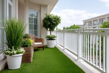 Fototapeta premium Apartment balcony transforming into private garden with artificial grass
