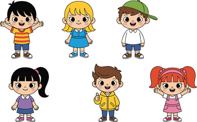 Cute cartoon kids character set, happy children illustration, boys and girls, educational design, vector artwork for learning