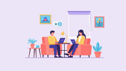Fototapeta premium Two people on couches working on laptops with art and plants around