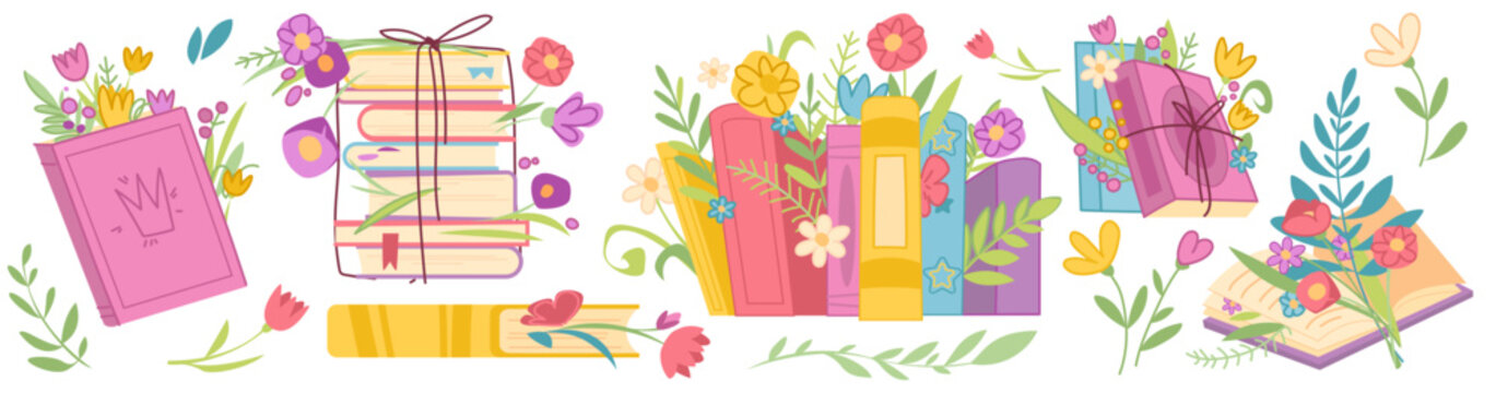 Book stack with flowers cartoon vector illustration isolated on white background. Opened and closed books, tied with string or cord and with bouquet between pages, summer or spring reading elements