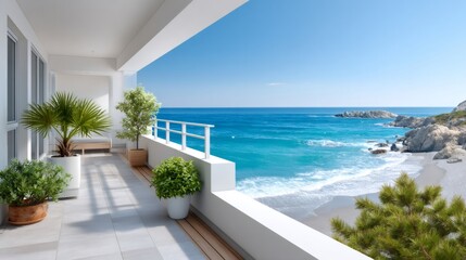 Fototapeta premium Luxury apartment balcony overlooking mediterranean beach and ocean