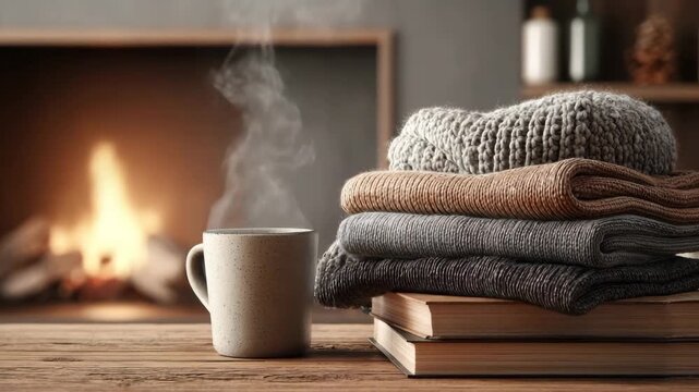 Cozy reading corner with stack of books, knit blankets, and fireplace warmth. Cozy fireplace setup with stacked books, knitted blanket, and steaming mug, cozy winter relaxation