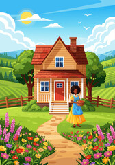 Obraz premium Charming Rustic Vector Illustration of a Woman in a Blue Apron Standing on a Path Leading to a Cozy Wooden House Surrounded by Green Fields and Colorful Flowers