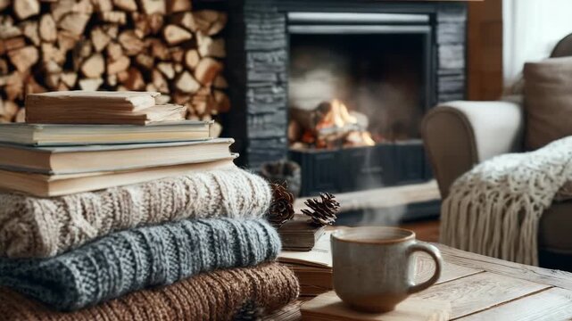 Cozy reading corner with stack of books, knit blankets, and fireplace warmth. Cozy fireplace setup with stacked books, knitted blanket, and steaming mug, cozy winter relaxation