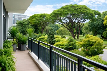 Fototapeta premium Apartment balcony overlooking green park with trees