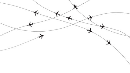 Multiple Airplanes Flying in Various Directions on White Background with Trails