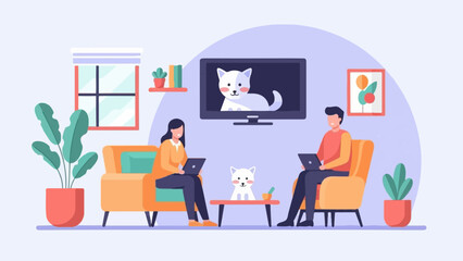 Fototapeta premium Two people relax at home, working on laptops with a dog and TV