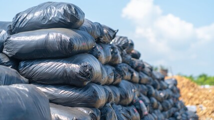Stacked black bags used for waste management at a landfill site