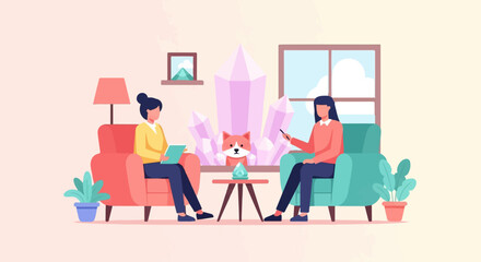 Two people talk in a living room with a fox and crystals