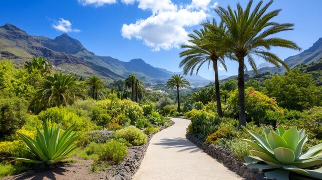 Winding pathway through tropical botanical garden mountainside