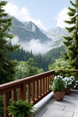 Fototapeta premium Mountain view balcony overlooking misty pine forest valley