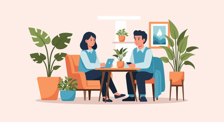 Two people sit at a table with laptops and phones, surrounded by plants